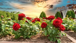 夕暮れの空と赤いバラの花壇