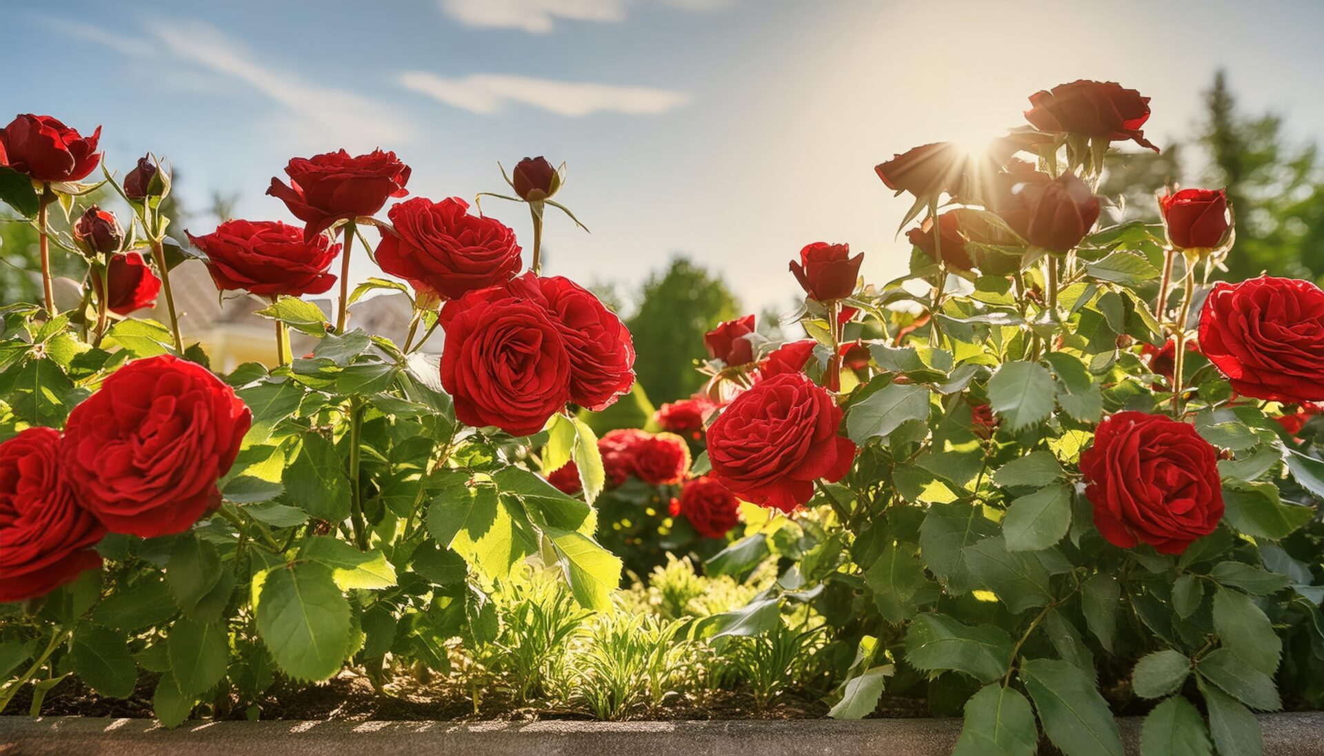 青空と太陽に映える赤いバラの庭