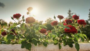 夕陽に照らされるバラの茂み