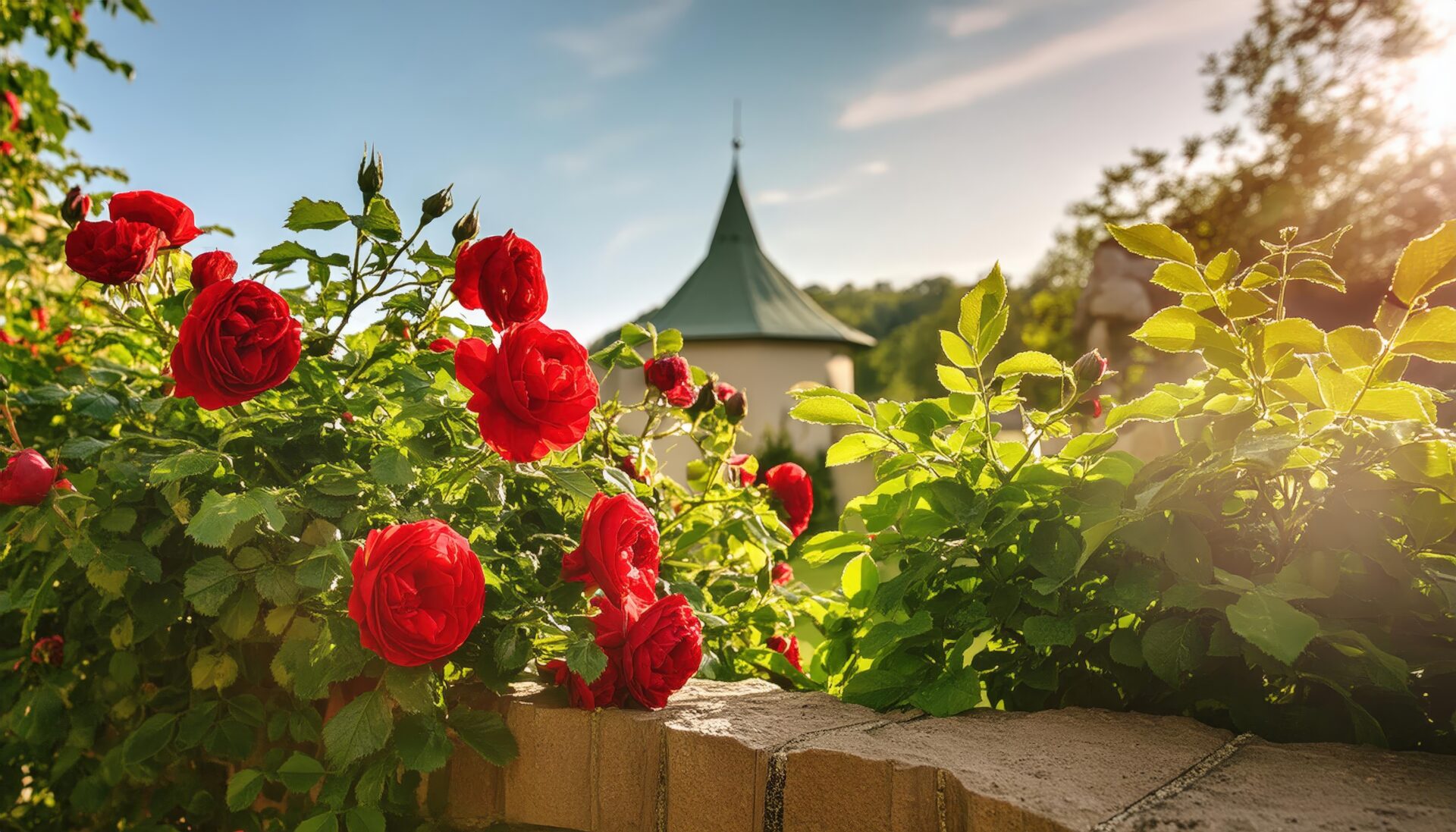 建物を背景にした赤いバラの庭