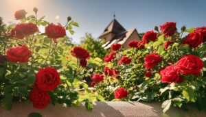 建物と青空を背景にした赤いバラ