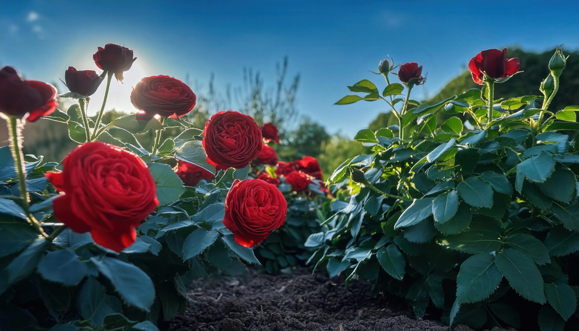 青空バックで咲く赤いバラの庭