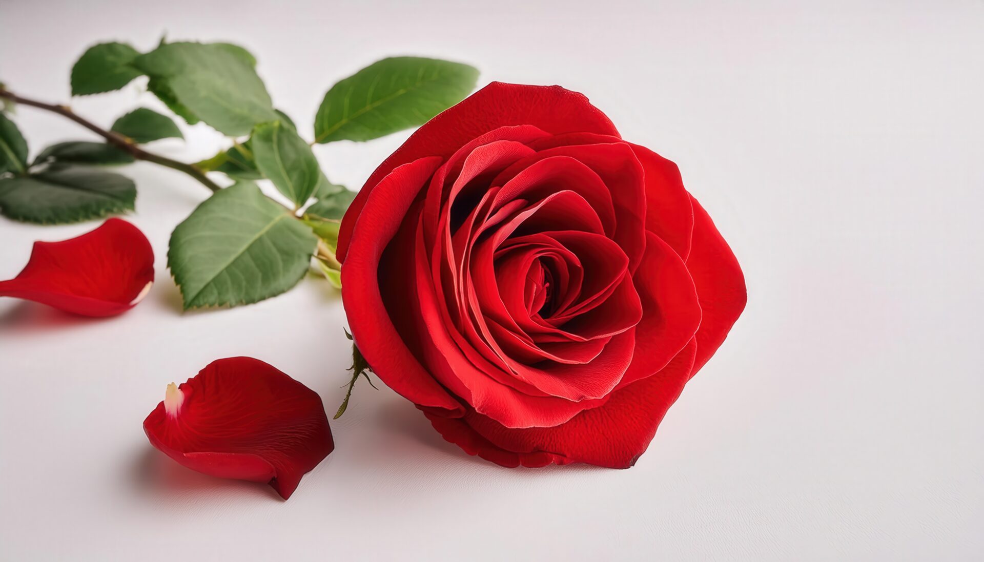 白背景に置かれた赤いバラと花びら
