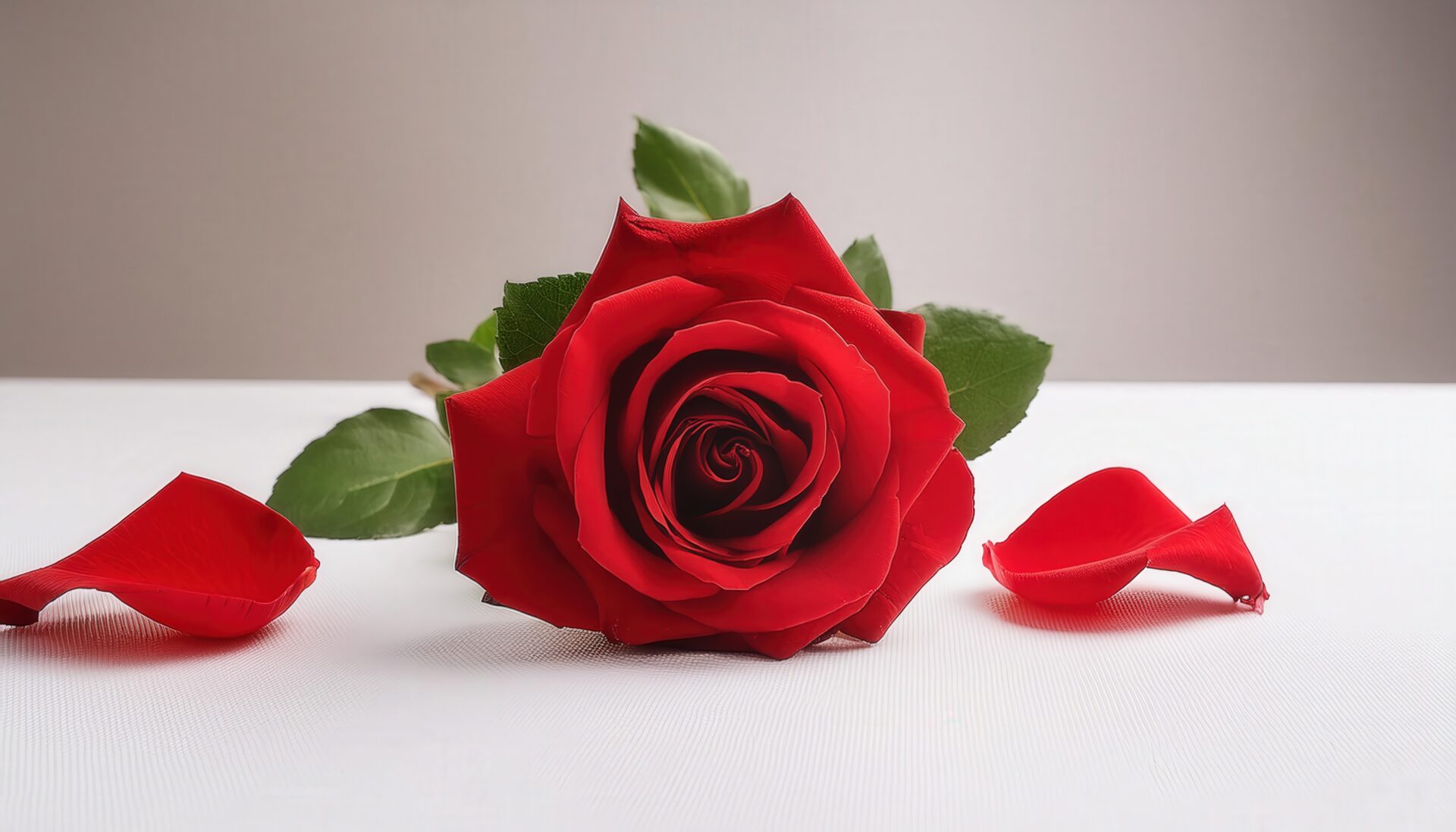 白いテーブルに置かれた赤いバラと花びら