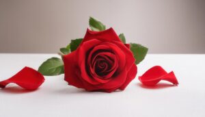 白いテーブルに置かれた赤いバラと花びら