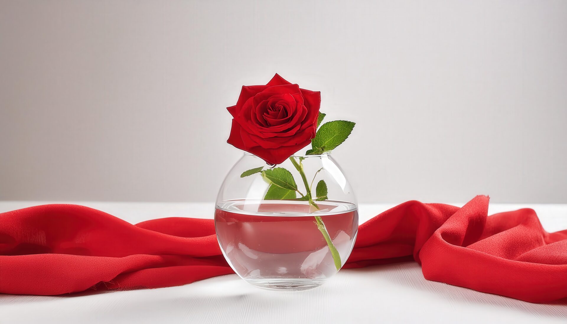 ガラス花瓶に生けられた赤いバラと赤い布