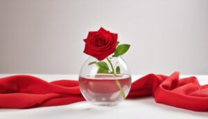 ガラス花瓶に生けられた赤いバラと赤い布
