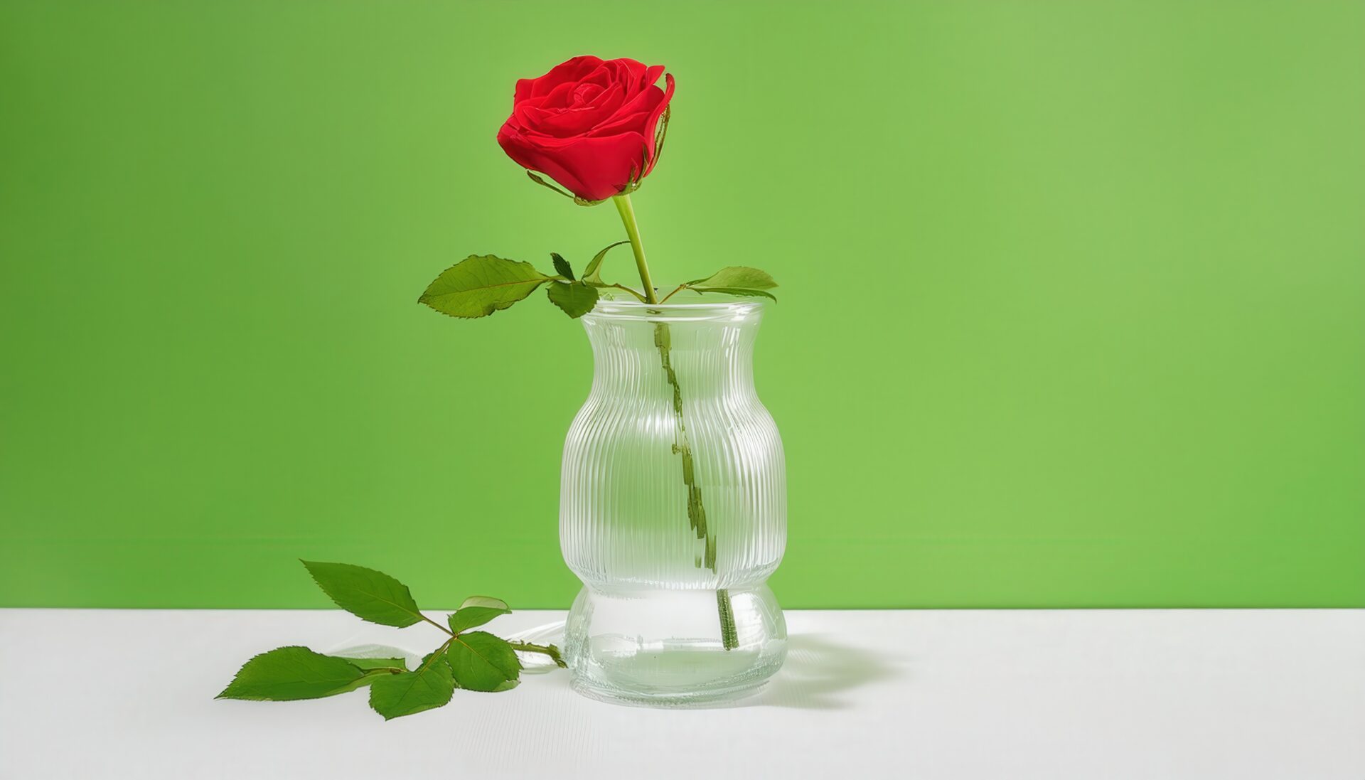 緑背景のガラス花瓶に生けられた赤いバラ