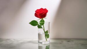 一輪の赤いバラとガラスのコップ