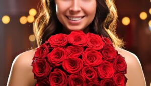 バラの花束を持つ女性