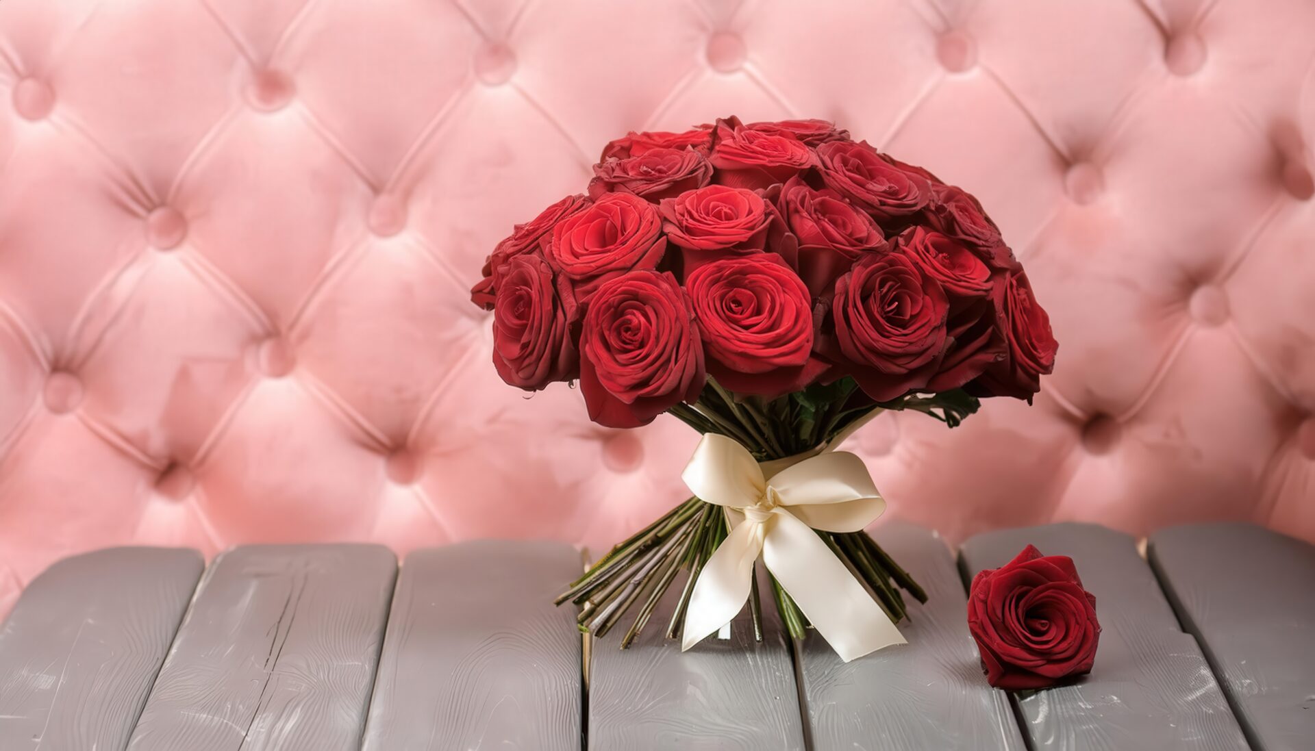 バラのブーケとピンク背景