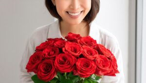 バラの花束を持つ女性（白シャツ）