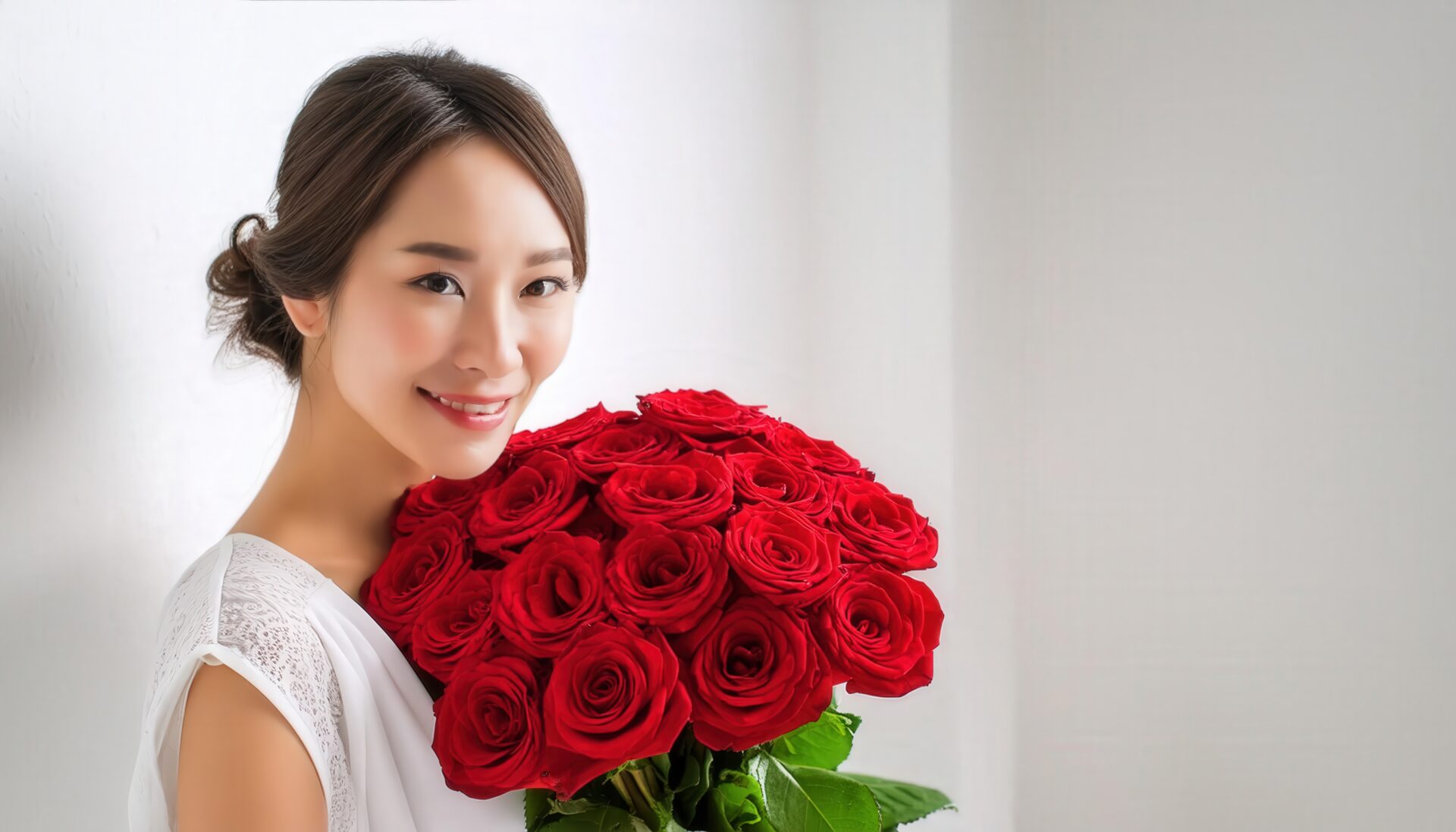 バラの花束を持つ女性（白い服）