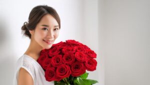 バラの花束を持つ女性（白い服）