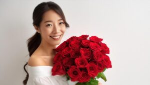 バラの花束を持つ女性（肩出し）