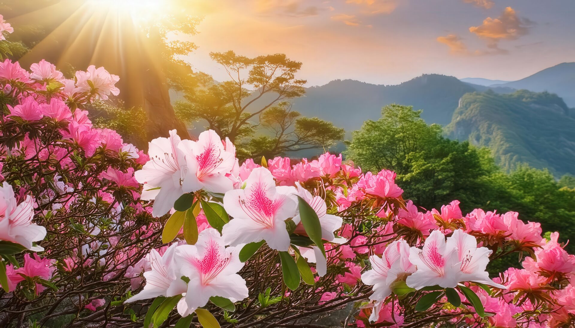 ツツジの花と朝日
