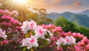 ツツジの花と朝日