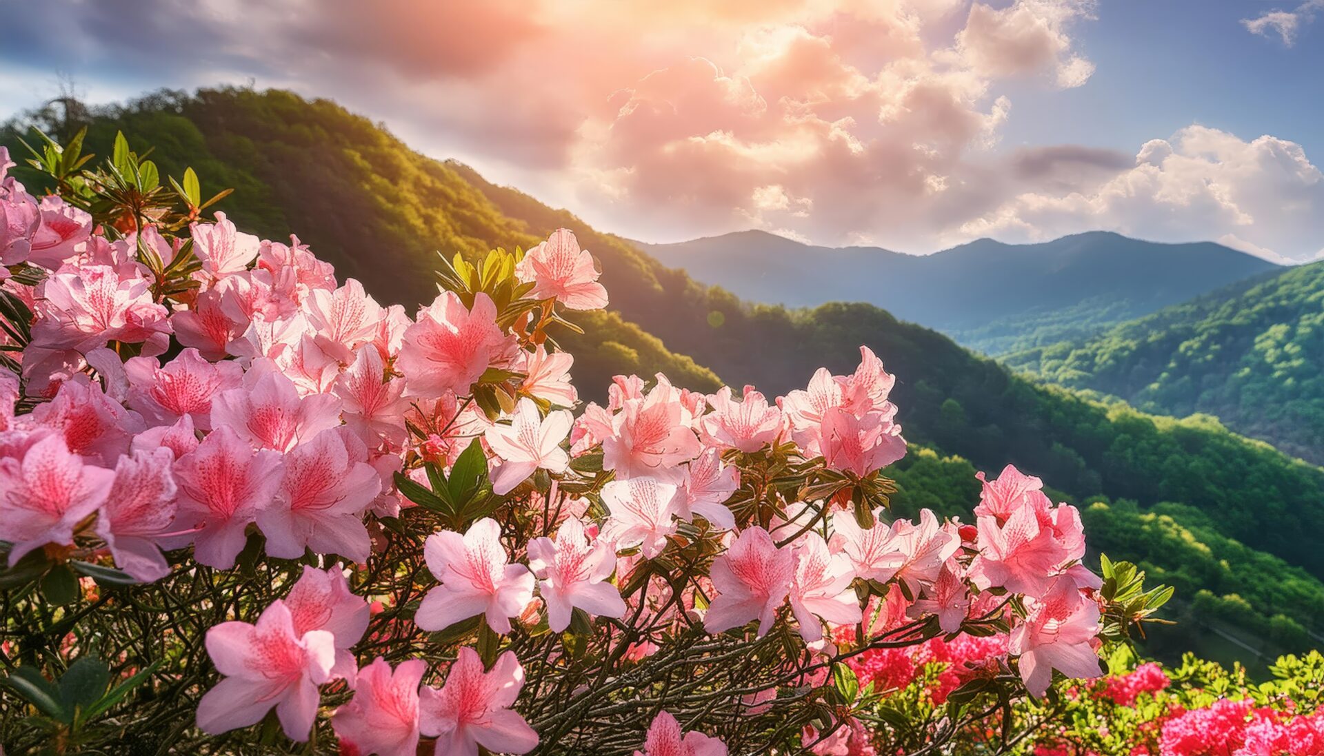 ツツジと山と夕焼け