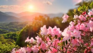 ツツジと夕陽の山