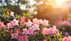 ツツジと夕暮れの庭園