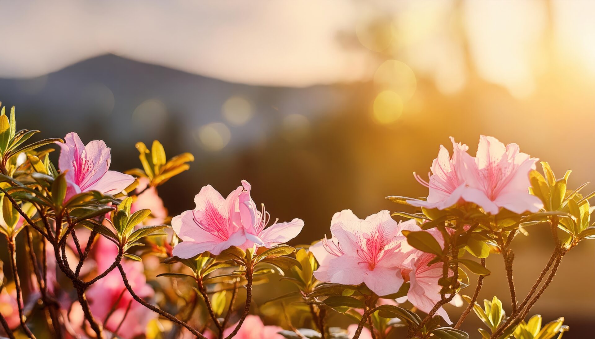 ツツジと夕陽に染まる枝