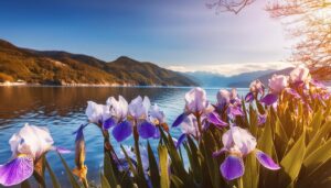 アヤメと湖畔の夕景