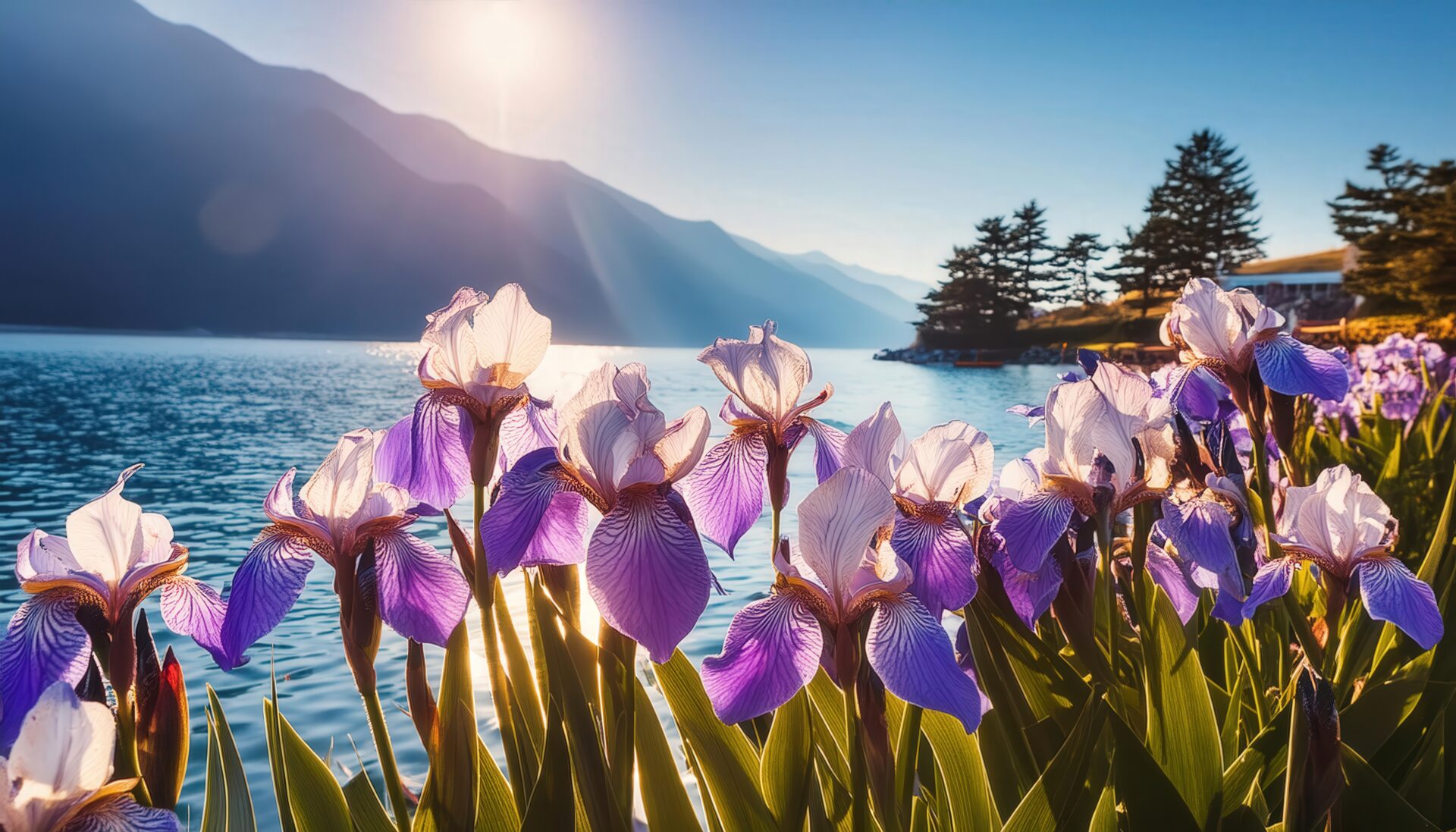 アヤメと湖畔の朝日