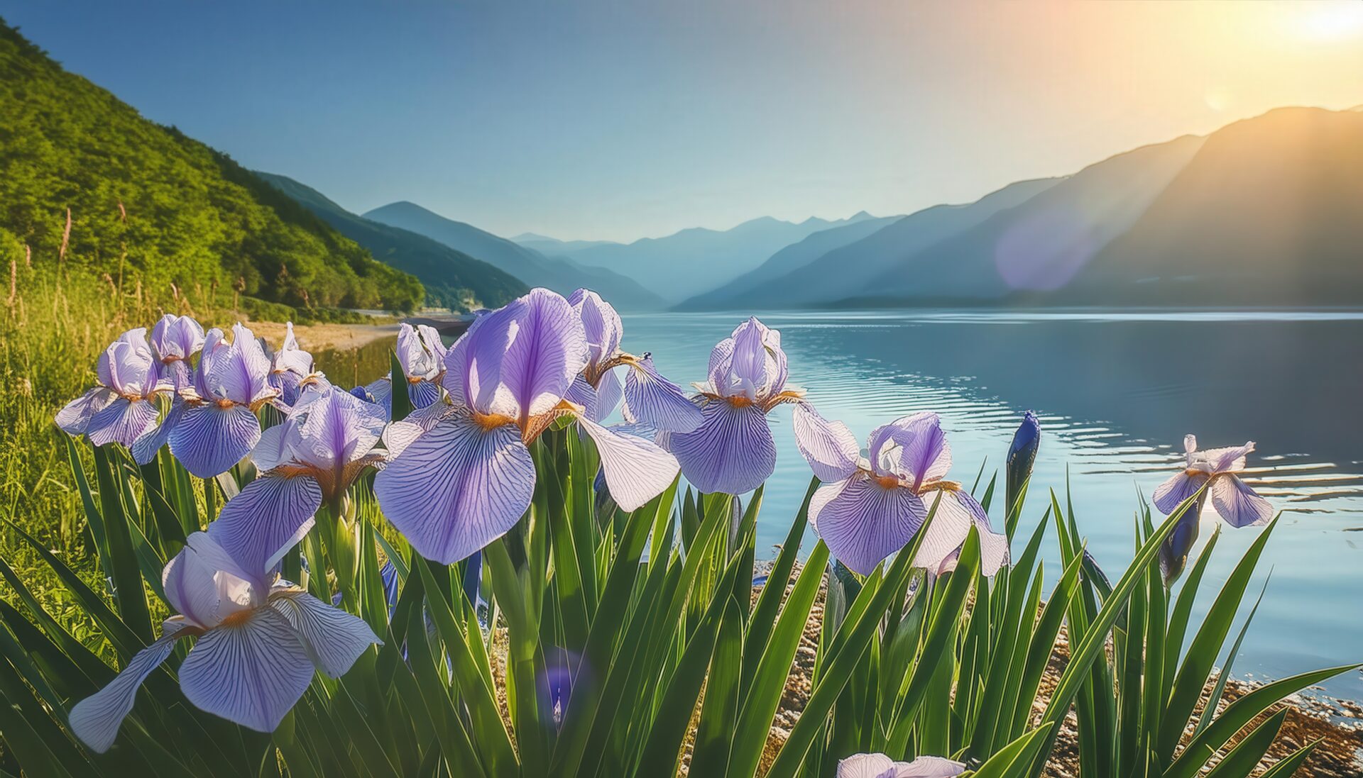 アヤメと湖畔の光景