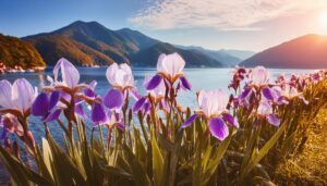 アヤメと湖畔と夕陽