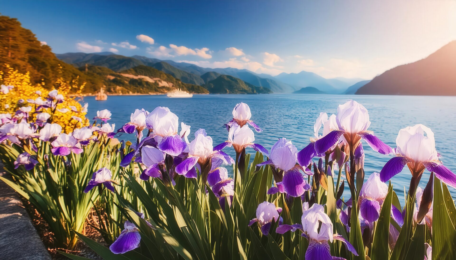 アヤメと湖畔の風景
