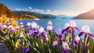 アヤメと湖畔の風景