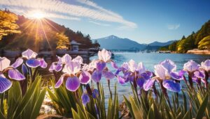 アヤメと湖畔と日の出