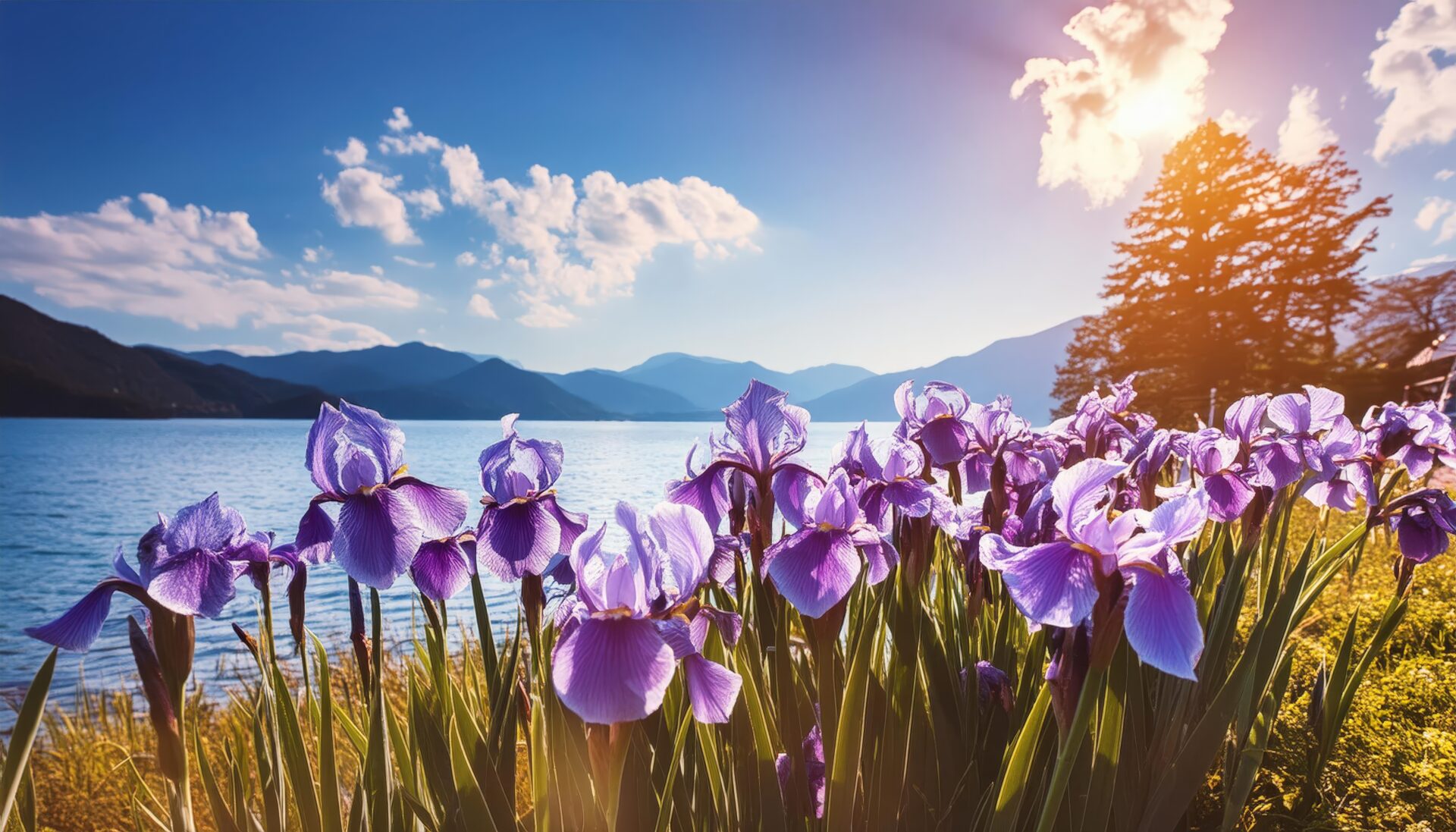 アヤメと湖畔の青空