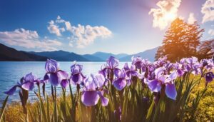 アヤメと湖畔の青空