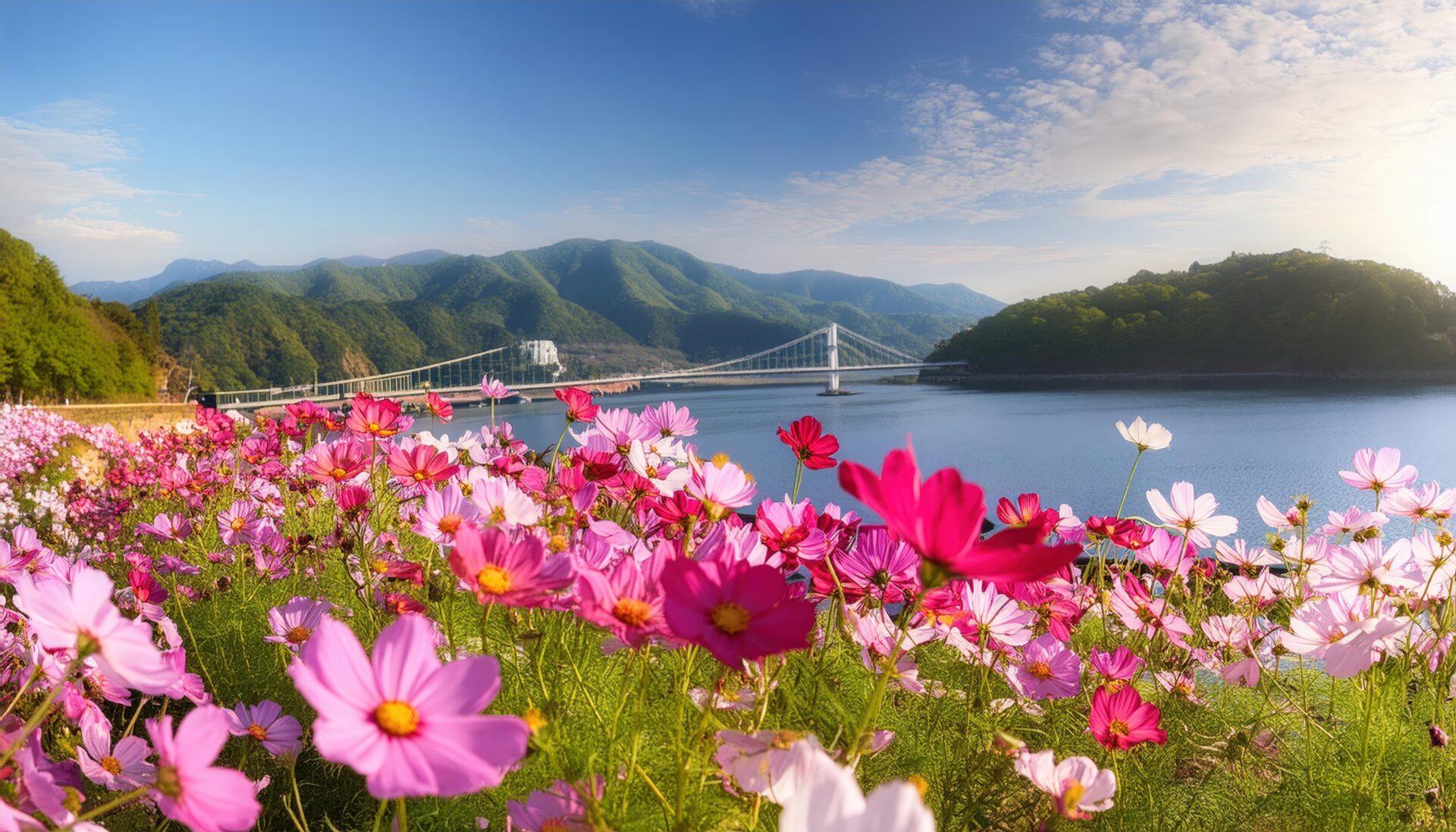 コスモスと吊り橋の風景