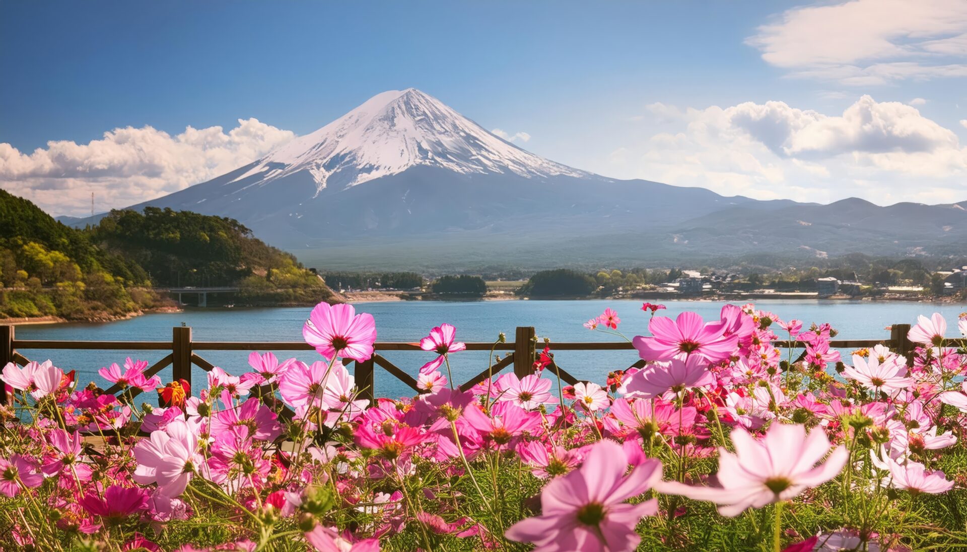 コスモスと富士山と湖