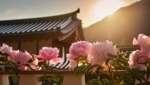 牡丹の花と日本建築の屋根