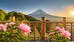 牡丹の花と富士山の眺望