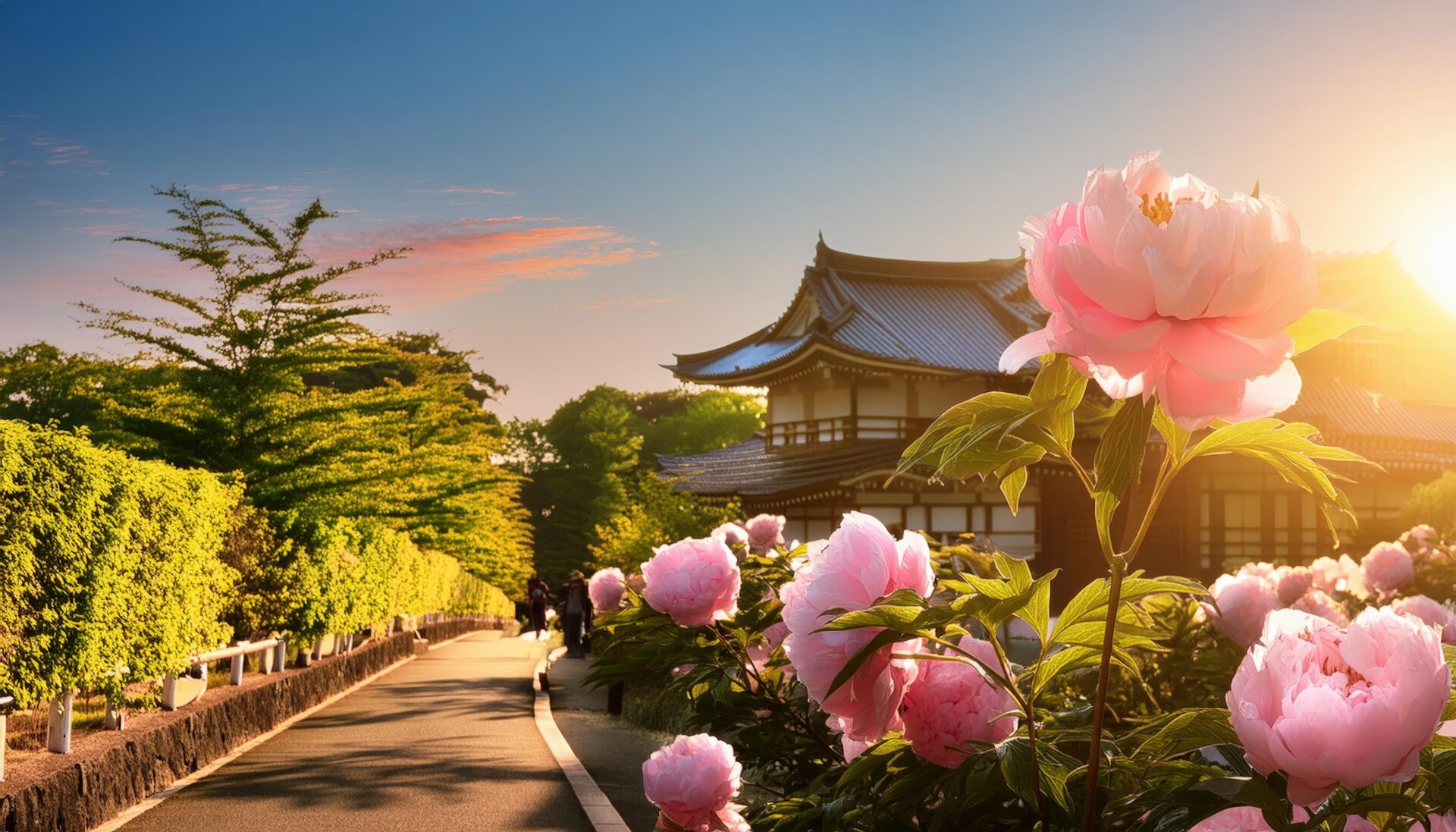 牡丹の花と日本庭園の散歩道