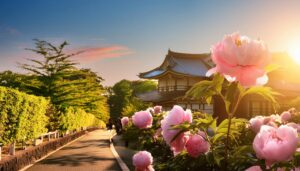 牡丹の花と日本庭園の散歩道