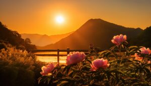 牡丹の花と夕暮れの山並み