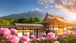 牡丹の花と富士山と寺院