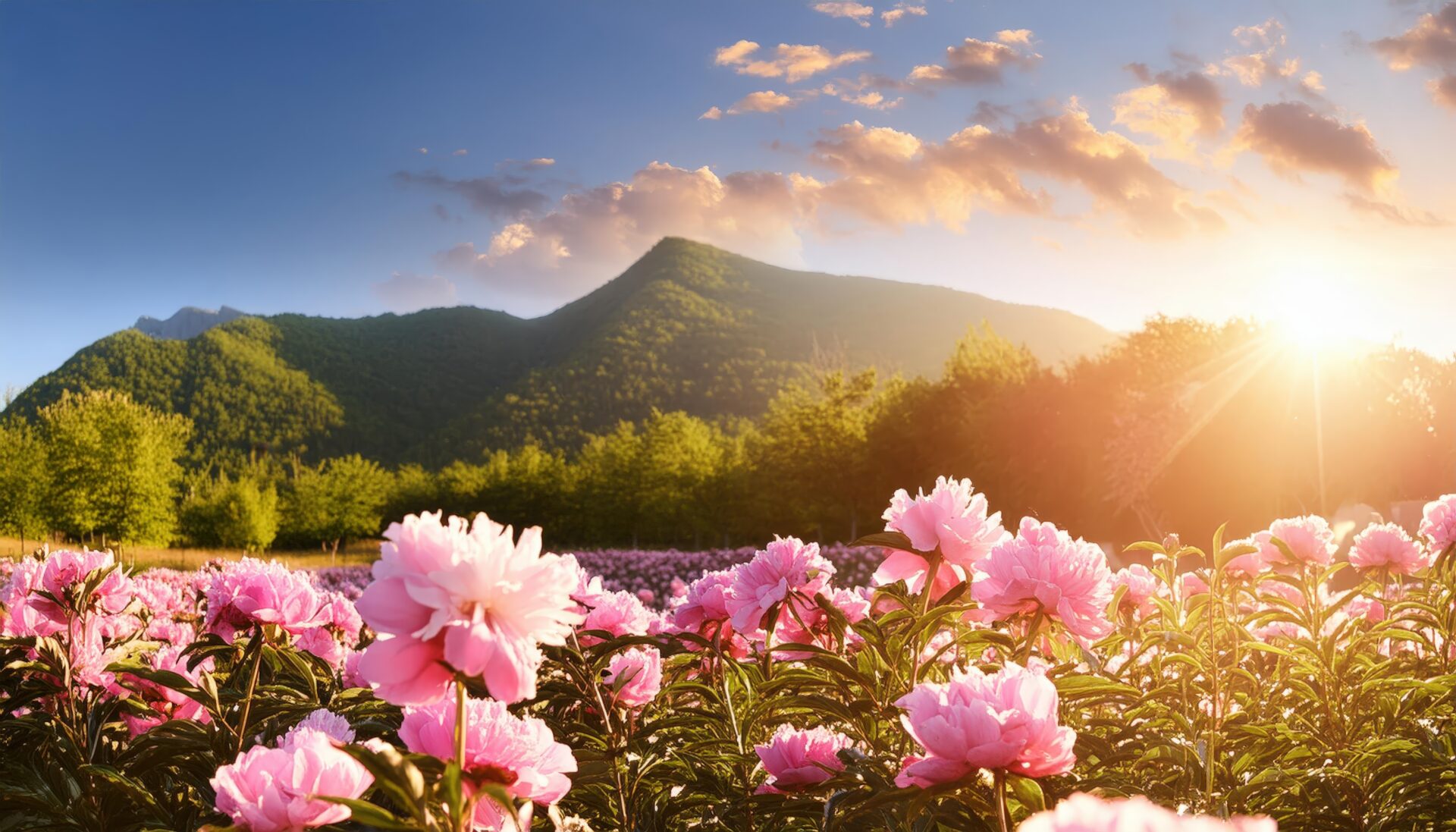 牡丹畑と山の朝日