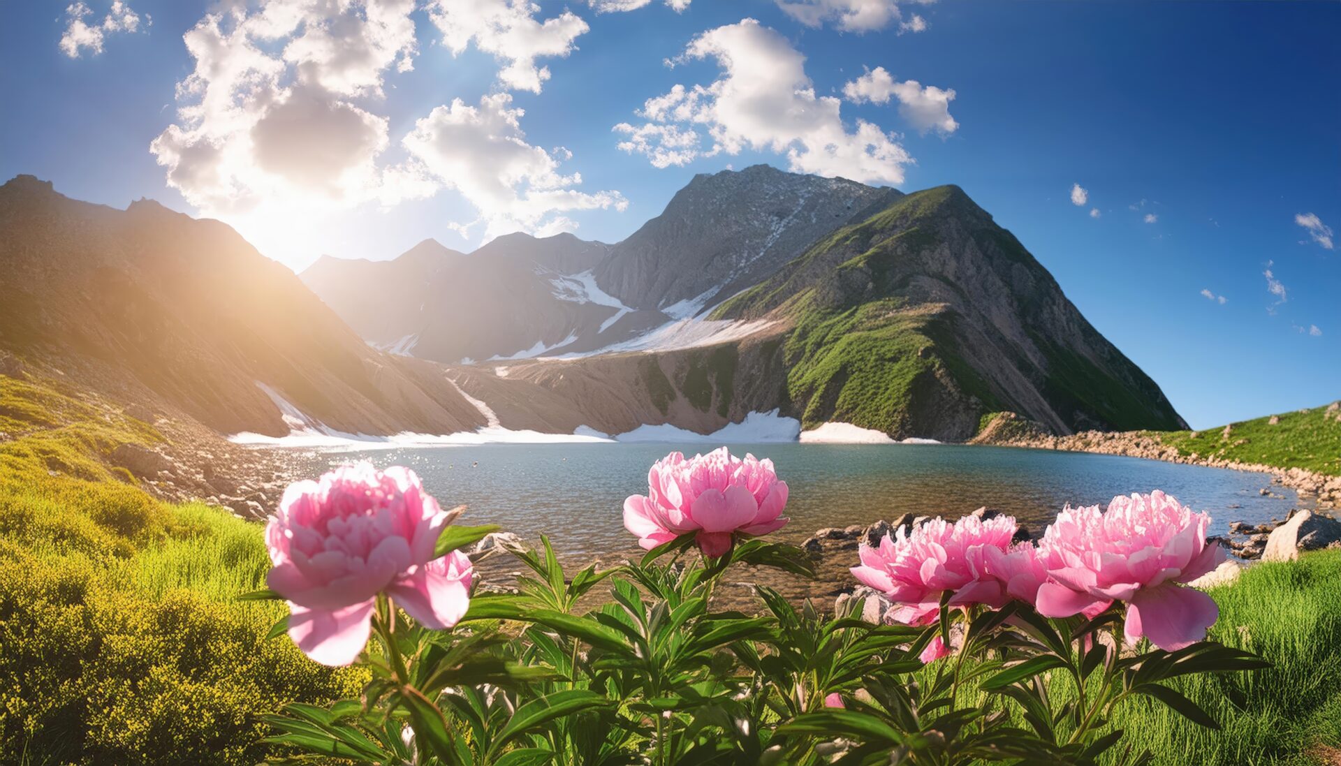 牡丹の花と山と湖