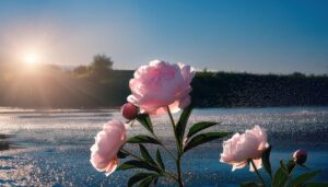 湖畔の牡丹と朝日