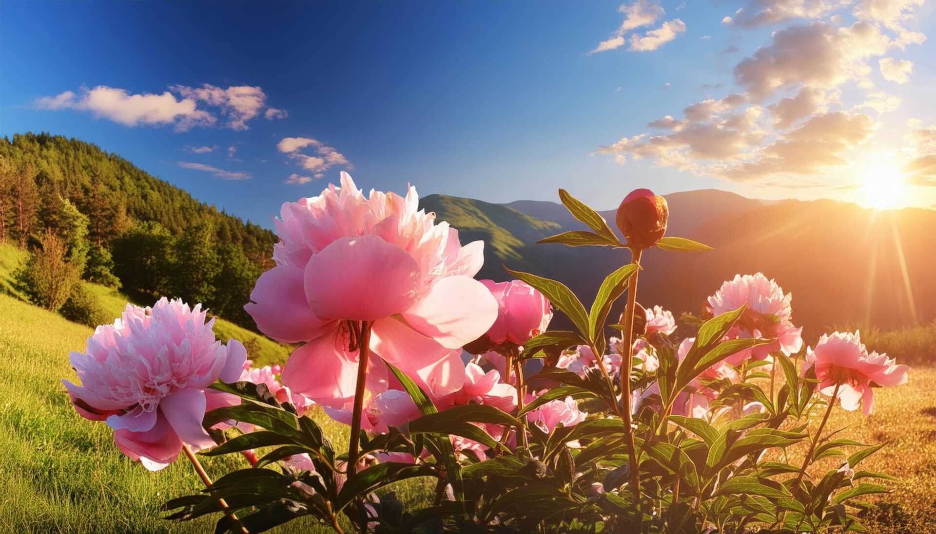 牡丹と山間の朝日