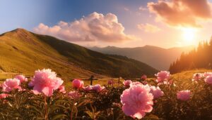 牡丹畑と夕暮れの山