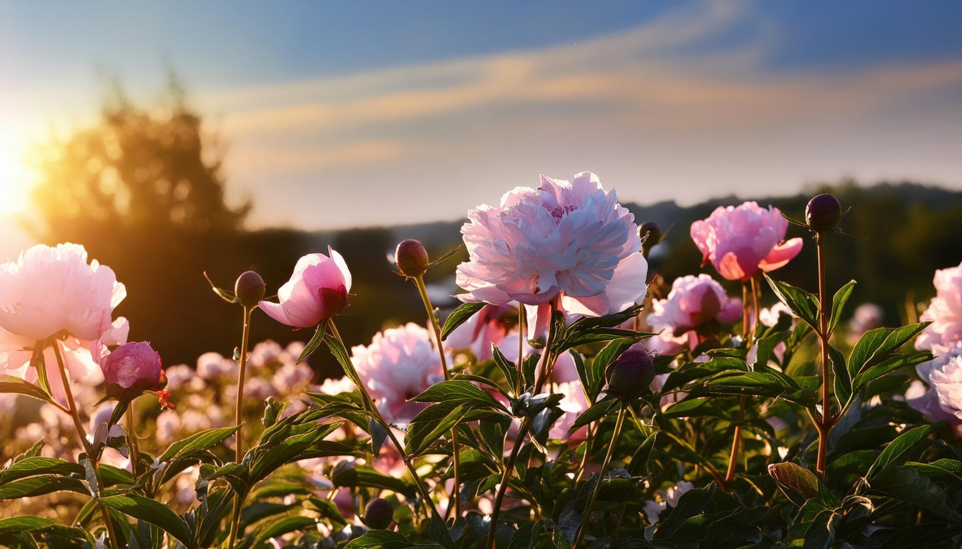 夕日と牡丹の花畑