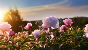 夕日と牡丹の花畑
