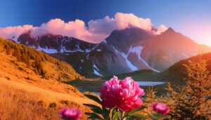 芍薬と夕暮れの山